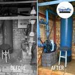 Before and after transformation of borehole pump installation by LiquaFlo, showcasing professional water system upgrades